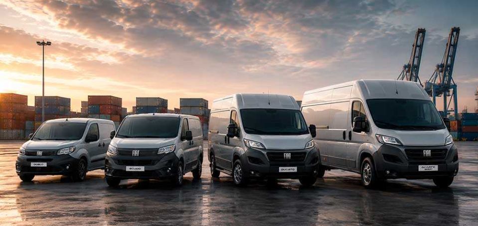 Trzy modele samochodów dostawczych Fiat Professional zaparkowane na tle kontenerów – oferta pojazdów dostawczych dostępnych od ręki w Uni-Truck